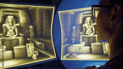 Illuminated ancient artifact display showcasing intricate hieroglyphs and a seated figure, as viewer interacts with holographic projection, revealing the depth and detail of the historical scene