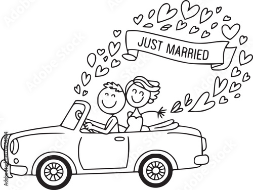 Newlyweds' Joy Ride: A simple, yet heartwarming line-art illustration captures the essence of a newlywed couple joyfully cruising in a classic convertible, with a banner announcing their new status. 