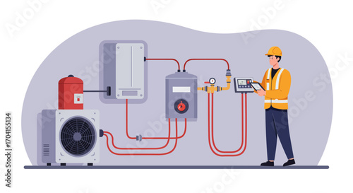 Technician managing heat pump system installation with digital control interface