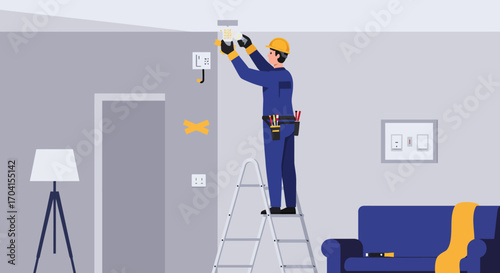 Electrician installing ceiling light in modern living room interior
