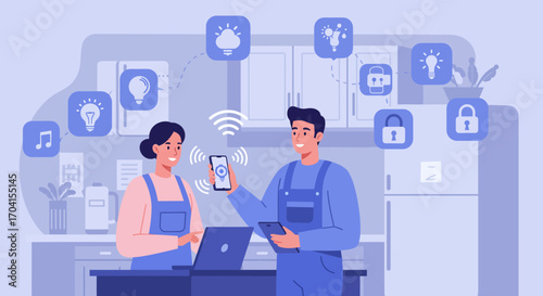 Smart home technology concept with people using devices in a connected kitchen