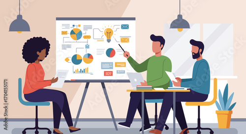 Team collaboration and brainstorming meeting with data analytics charts and diagrams