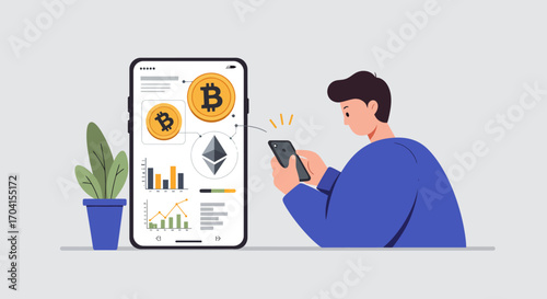 Man analyzing cryptocurrency trends on smartphone with bitcoin ethereum charts