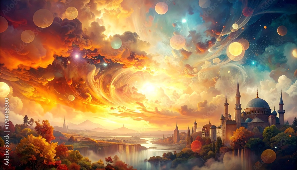 Obraz premium Enchanting Islamic Cityscape Under a Cosmic Sunset Sky.
