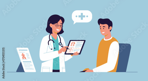 Doctor consultation scene with digital health records and smiling patient in modern clinic setting