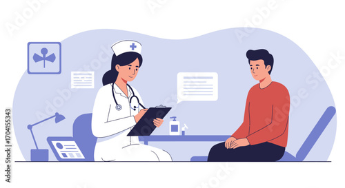 Friendly healthcare consultation scene with nurse and patient in modern office setting