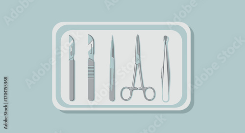 Surgical instruments on tray: scalpel, scissors, tweezers in minimalist style