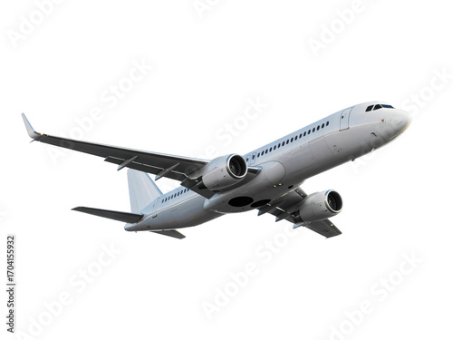 This clear image captures a white passenger airplane in mid-flight, seen from a low angle, with its landing gear retracted. 