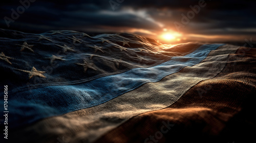 Usa thin blue line flag with sunset backdrop for national law enforcement appreciation day