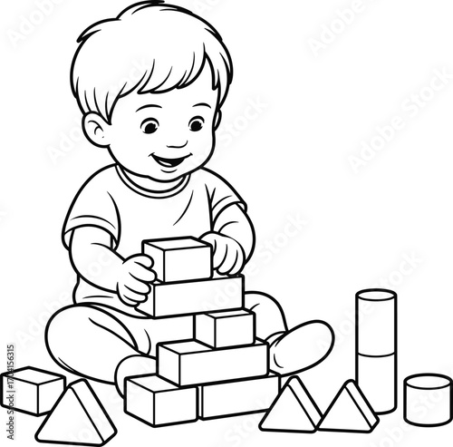 Happy baby boy playing with colorful building blocks, stacking toys for early childhood learning, indoor educational activity, preschool development fun and creativity