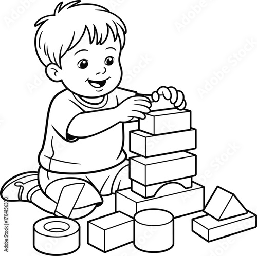 Happy toddler boy playing with colorful building blocks, stacking toys for early childhood development, creative learning activity indoors, preschool education fun