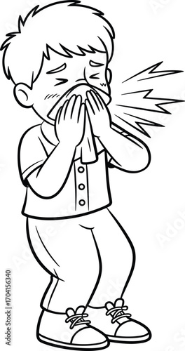 Young boy sneezing into handkerchief, cold symptoms, allergy attack, sick child, runny nose, health care, illness, seasonal allergies, child health issue, sneezing fit
