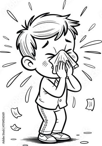 Young boy sneezing into tissue, cold symptoms, allergy attack, sick child, runny nose, illness, health care, seasonal allergies, child health problem, sneezing fit