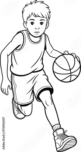 Young boy playing basketball, dribbling ball, active sports kid, basketball game, youth athletic activity, outdoor exercise, kids fitness, sportsmanship, basketball training, fun sport illustration