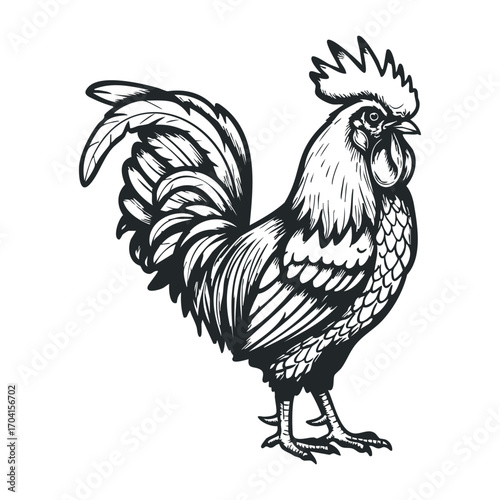 Rooster portrait farmyard illustration rustic setting side view animal symbolism. Vector illustration
