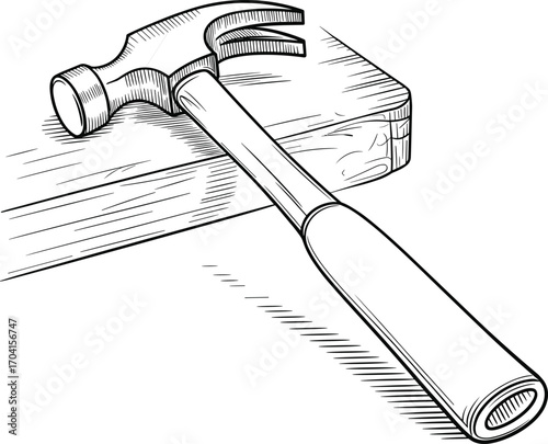 Hammer tool on wooden surface illustration, black and white line art drawing, claw hammer, carpentry equipment, woodworking tool, construction hardware, DIY tool, repair instrument
