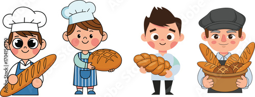 Cartoon bakers holding fresh bread loaves wearing chef hats and aprons, bakery workers illustration showing traditional bread making process design.