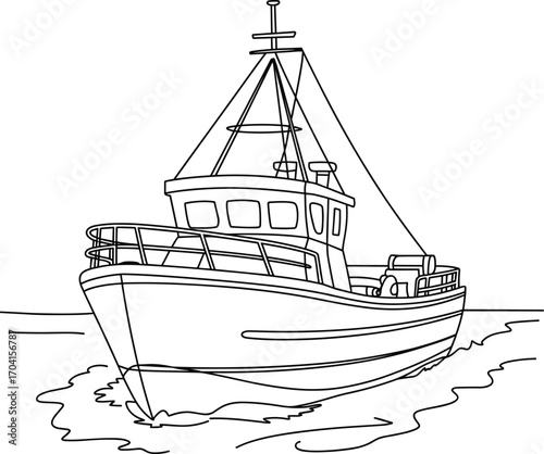 Fishing boat sailing on calm water, black and white line art, maritime vessel illustration, commercial fishing vessel, ocean travel, nautical transport drawing