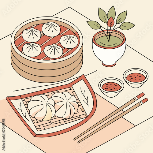 Asian Food Traditional Japanese Lunch Table Serving with Gyoza and Bao Buns Flat Vector Illustration
