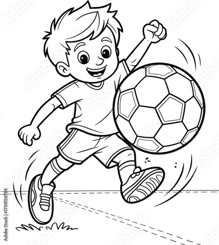 Happy cartoon boy kicking soccer ball, black and white sports coloring page, fun outdoor football activity illustration for kids and children learning