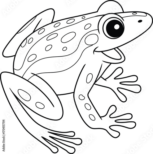 Cartoon frog line drawing, cute amphibian coloring page for kids, fun educational wildlife illustration, printable black and white frog art