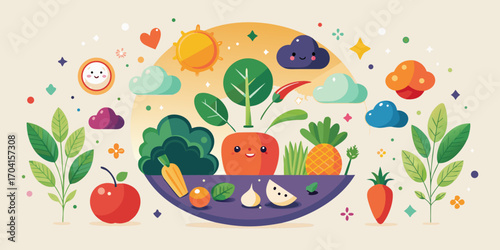 A cute seamless vector pattern of a cartoon easter greeting card with eggs, vegetables, and fruit illustrations