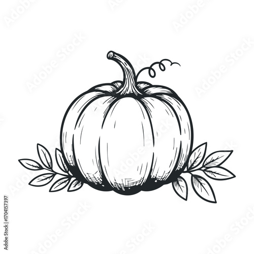 Harvesting pumpkins in the autumn garden black and white sketch nature artistic perspective. Vector illustration