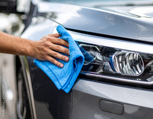 Hand polishing gray car headlight with blue microfiber cloth for detailing and cleaning.