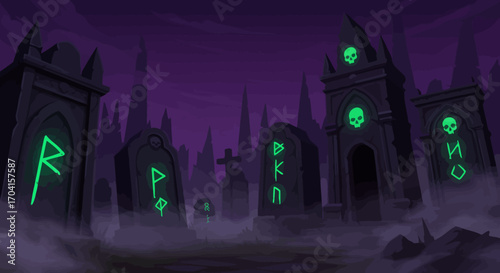 Cartoon graveyard with glowing runes and skull symbols on tombstones.