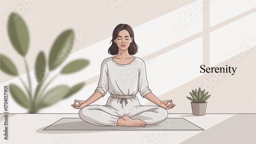 Woman practicing yoga meditation for relaxation and mindfulness at home for mental health and wellbeing