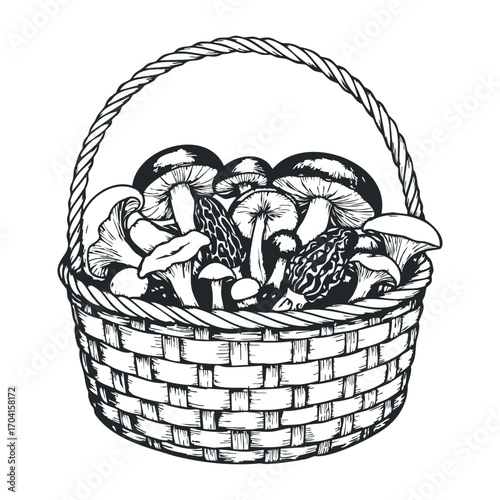 Harvesting fresh mushrooms a rustic basket display in nature's bounty captured in artistic illustration. Vector illustration