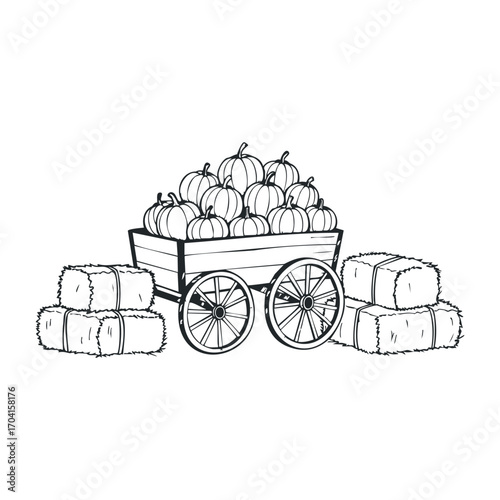 Harvest season action pumpkin cart with hay bales farm environment rustic viewpoint autumn concept. Vector illustration