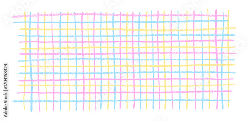Vector chequered collage with pastel freehand strokes in pink, blue, and yellow. Handmade wax scribble texture, kids chalkboard vibe, perfect as school backdrop or playful kindergarten graphic design.