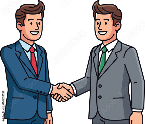 Cartoon illustration of two businessmen shaking hands, business agreement, partnership, teamwork, deal negotiation, professional success, collaboration, corporate cooperation concept