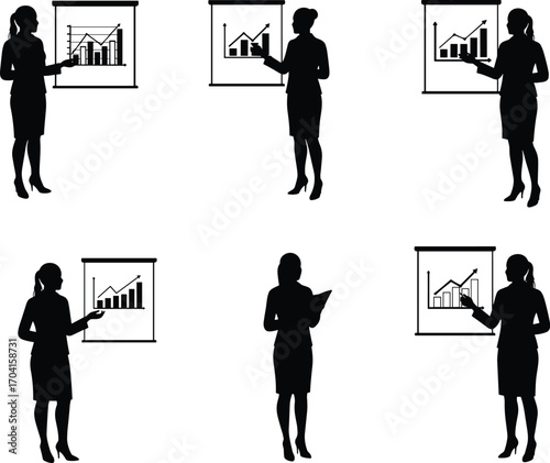 Silhouette business people presenting charts and graphs, data analysis, corporate meeting, financial report, marketing strategy, teamwork, office presentation vector illustration