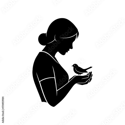 Woman Gently Holding a Bird in Hands at Home, Silhouette Illustration, Peaceful Environment