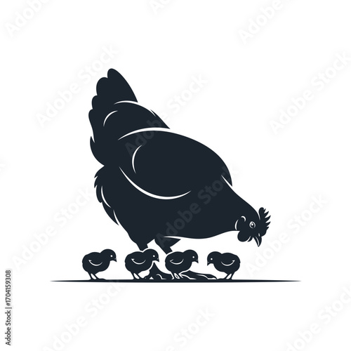 Mother Hen with Chicks foraging in Farmyard, Illustration, Rustic Environment, Nature Scene