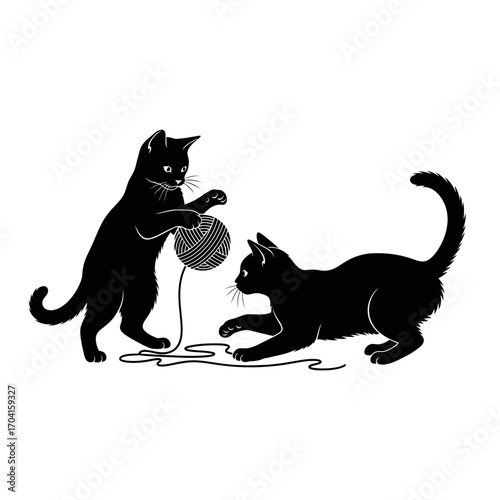 Playful Kittens Engaged with Yarn Ball in Cozy Indoor Setting - Illustration
