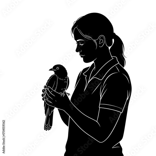 Action of Bird Holding, Subject Woman, Location Unknown, Content Type Illustration, Environment Indoor, Viewpoint Side, Concept Conservation