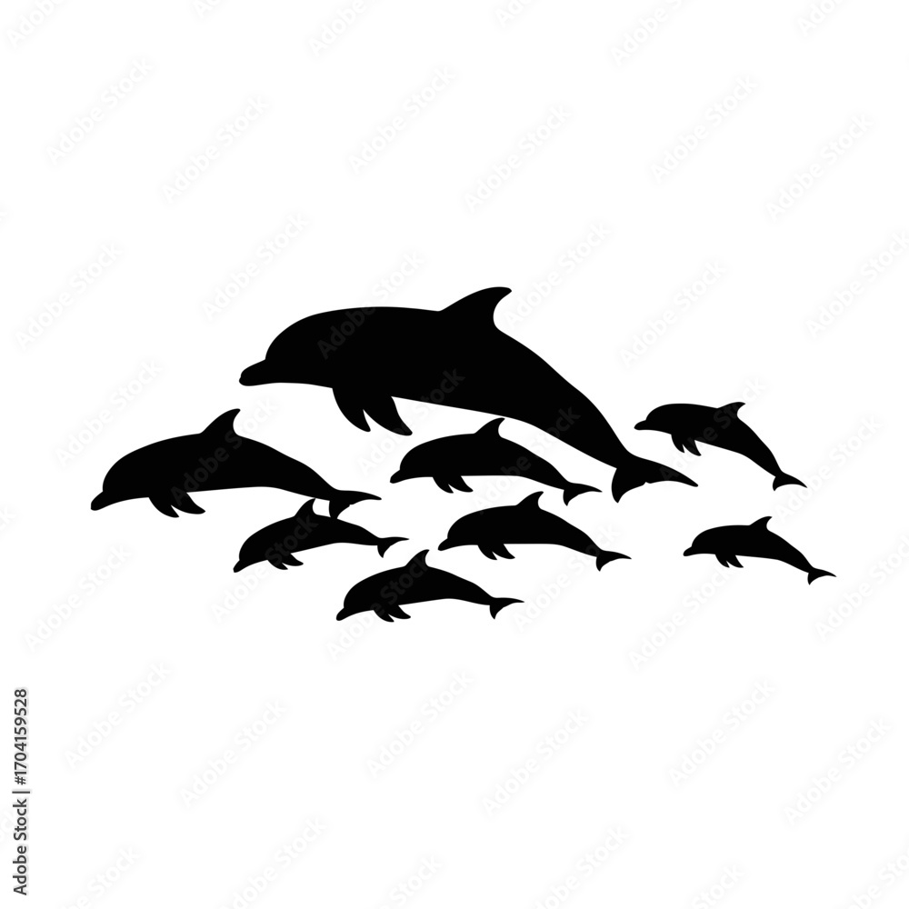 Fototapeta premium Dynamic Dolphin Pod Swimming in Ocean Waves, Aquatic Scene, Nature Illustration, Vibrant Marine Life