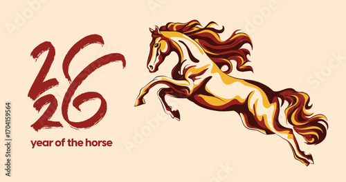 2026 Year of the Horse illustration in traditional Asian style, perfect for Lunar New Year designs, decorations, prints, and festive zodiac themes.