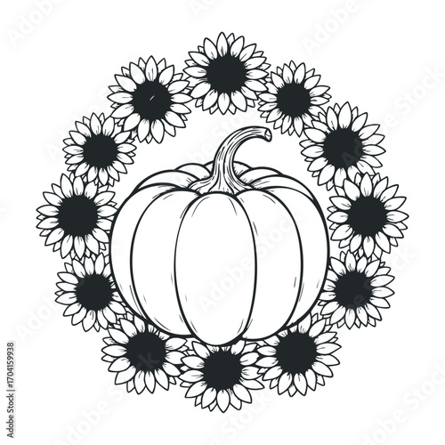 Harvest festival celebration with pumpkin and sunflowers autumn landscape graphic design artistic viewpoint. Vector illustration