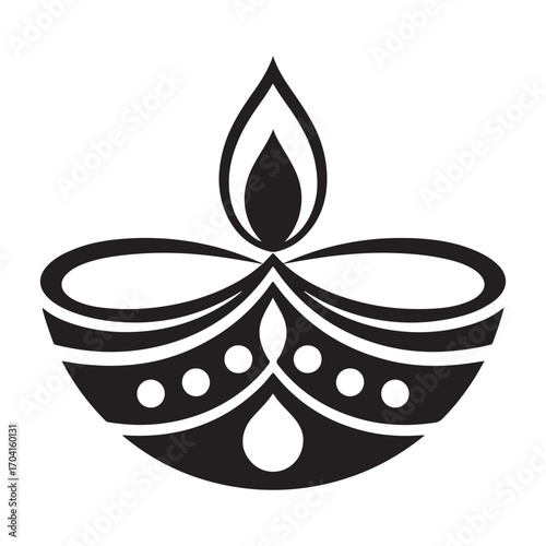 Black diya oil lamp with flame and decorative elements
