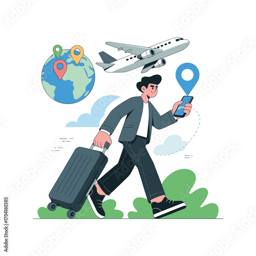 Business Traveler Walking with Suitcase and Smartphone – Airplane and World Map Travel Vector