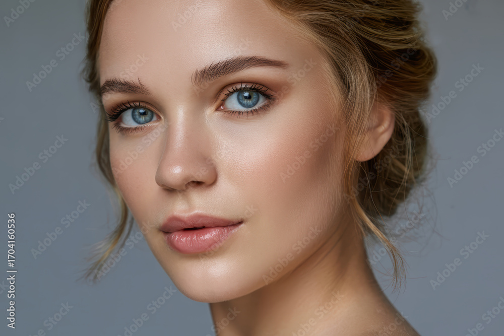 Fototapeta premium Close up portrait of young woman with flawless skin, blue eyes, natural makeup, and soft expression, highlighting beauty and healthy complexion in studio lighting