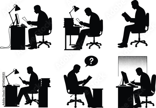 Silhouette person reading writing at desk with computer, books, lamp, thought bubble—office study illustration for education and productivity themes