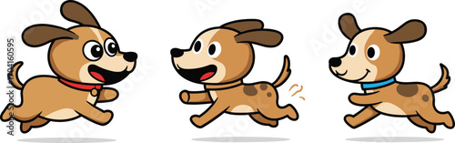 Cute cartoon dogs running happily, playful puppy characters with collars, energetic pets illustration vector design for animal, kids, fun, and happiness.