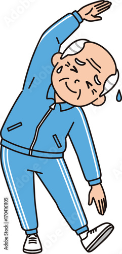 Elderly man exercising in sportswear, stretching body, healthy lifestyle, senior fitness, physical activity, wellness, workout routine, cartoon vector illustration.