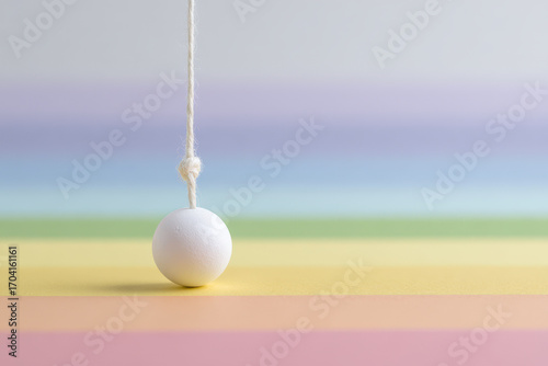 smooth swinging white ball on string dances gently against backdrop of ultrabright colored paper