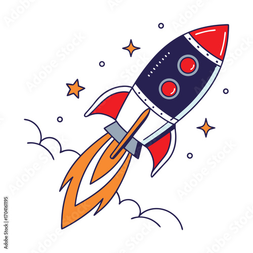 Whimsical hand-drawn rocket ship launching through clouds and stars adventure